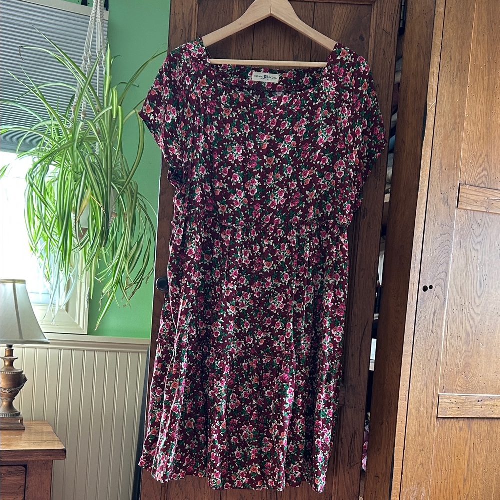 NATURAL LIFE Burgundy Floral Midi Dress with Pink & Green Accents